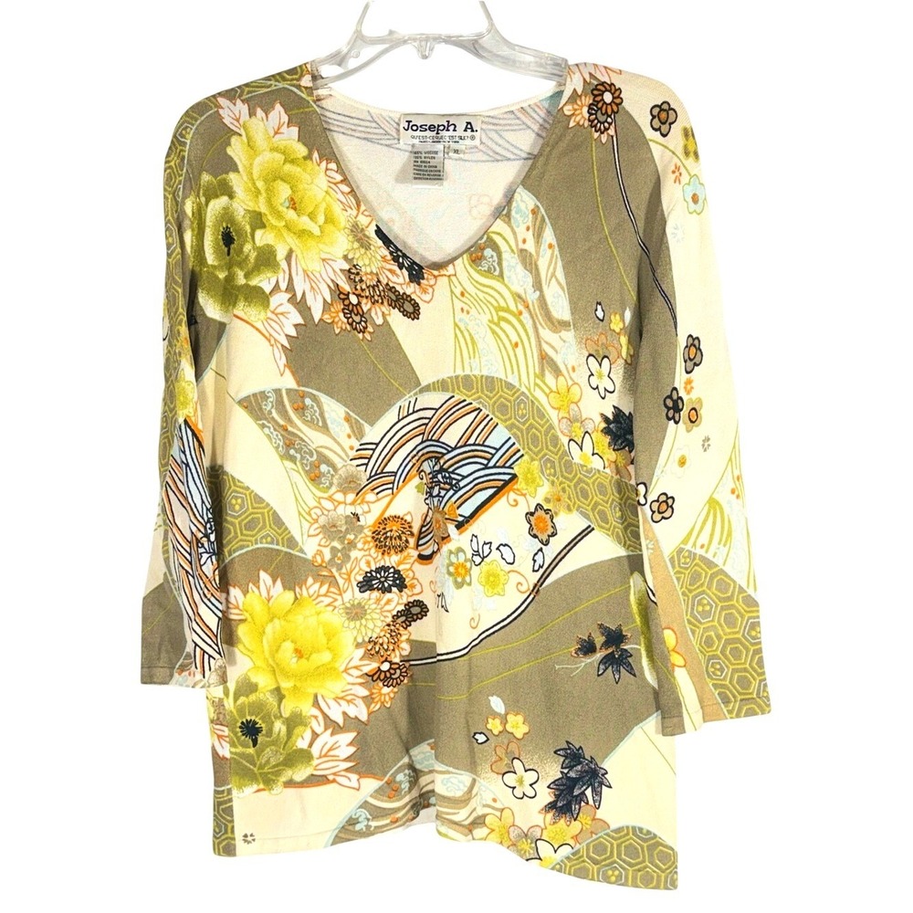 Joseph A. Women's XL Floral V-Neck 3/4 Sleeve Top - Cream & Olive Oriental